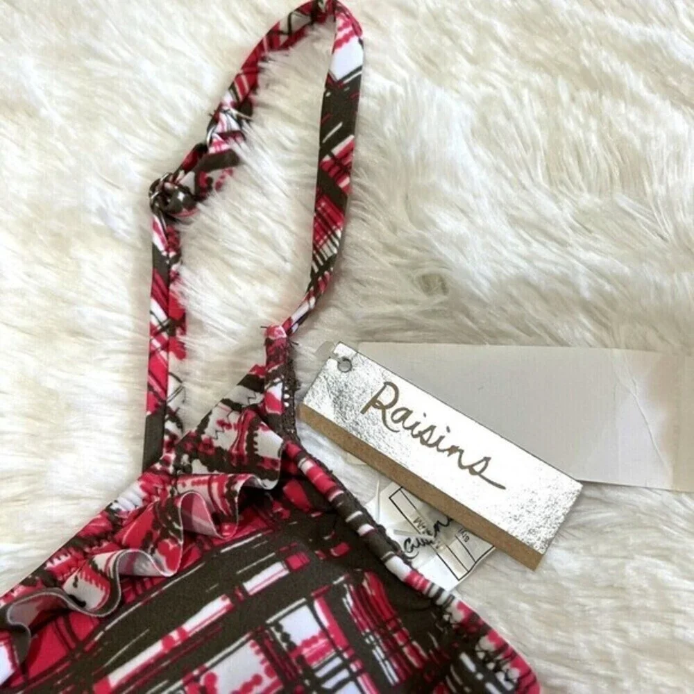 RAISINS Girl's Ruffle Swim Bikini Top Size M Plaid Pink,‎ Brown, White